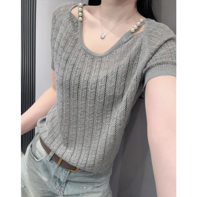 麻花镂空短袖女冰丝针织衫大领口宽松显瘦性感露锁骨低圆领上衣夏