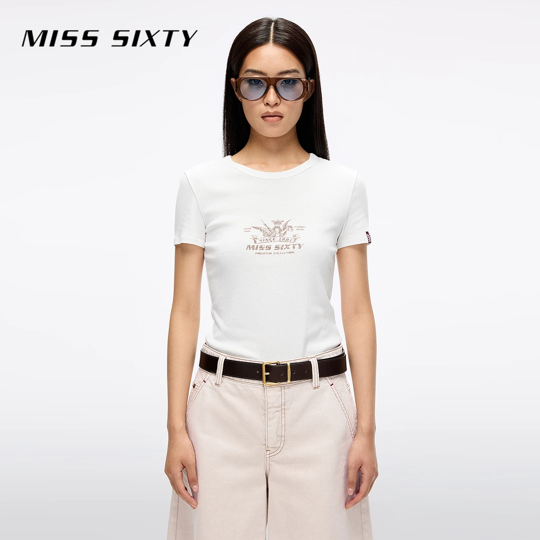 Miss Sixty2025秋新款短袖T恤女圆领正肩显瘦复古印花上衣流光风