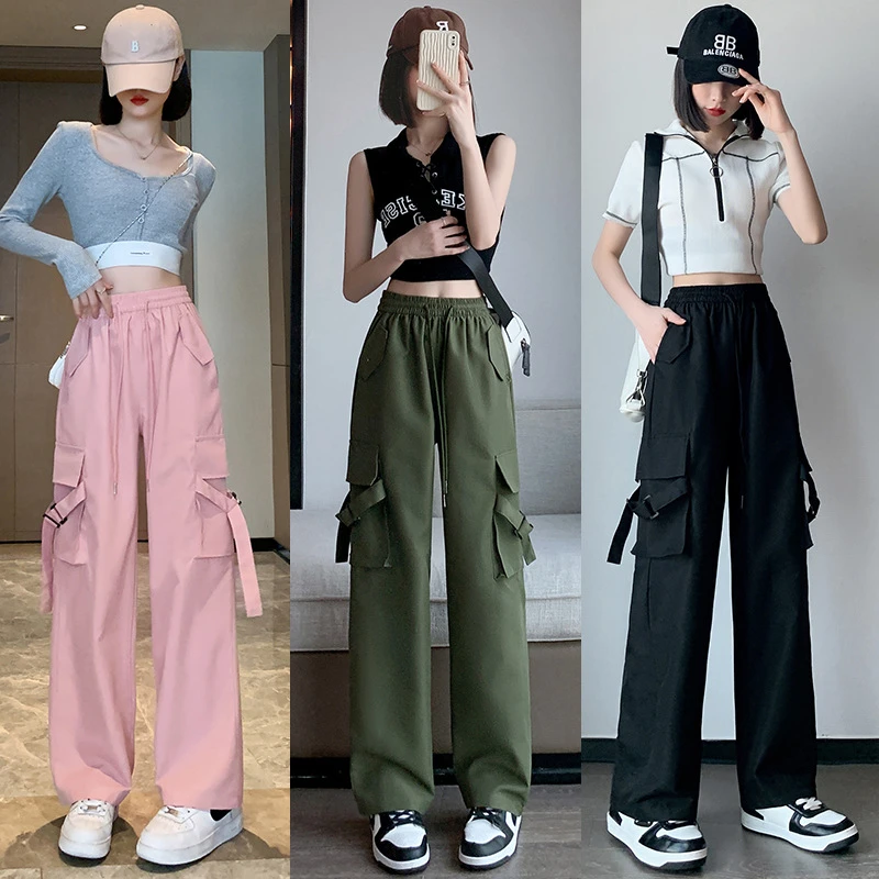 黑色工装裤女2025春夏高腰显瘦垂感美式速干运动裤宽松阔腿休闲裤