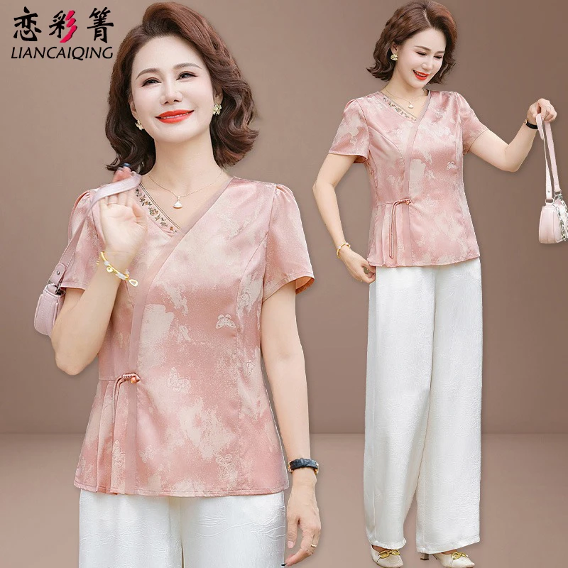 洋气妈妈夏装套装新中式冰丝缎面小衫中老年女装夏季短袖T恤上衣