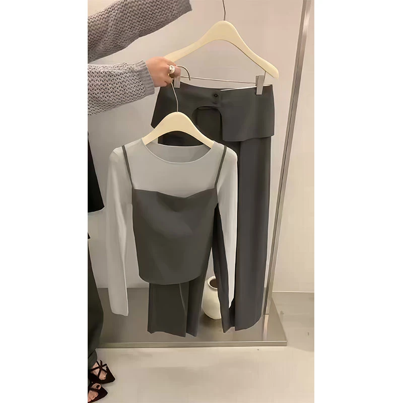 一整套ootd穿搭套装2025新款韩系高级感吊带针织衫阔腿长裤三件套