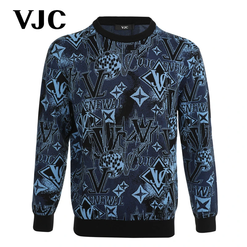 VJC/威杰思【100%绵羊毛】秋冬新款男针织衫时尚提花毛衣B23DC2205
