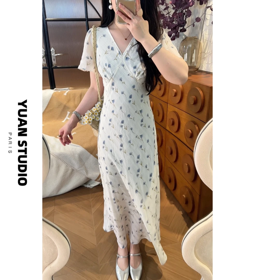 YUAN 【花径拾香】法式复古碎花斜裁显瘦遮肉短袖优雅长款连衣裙