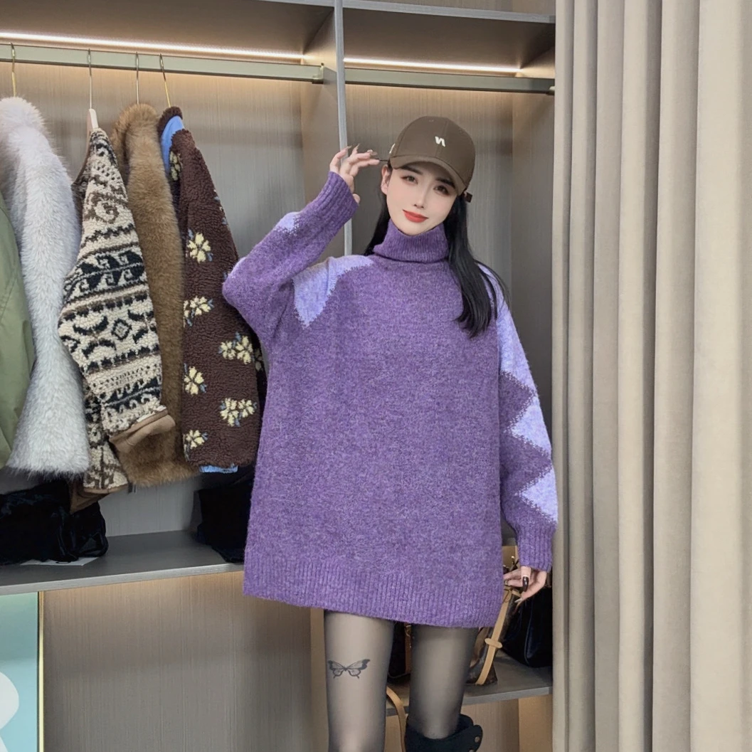 慵懒风半高领针织中长款女毛针织衫网红时尚冬季