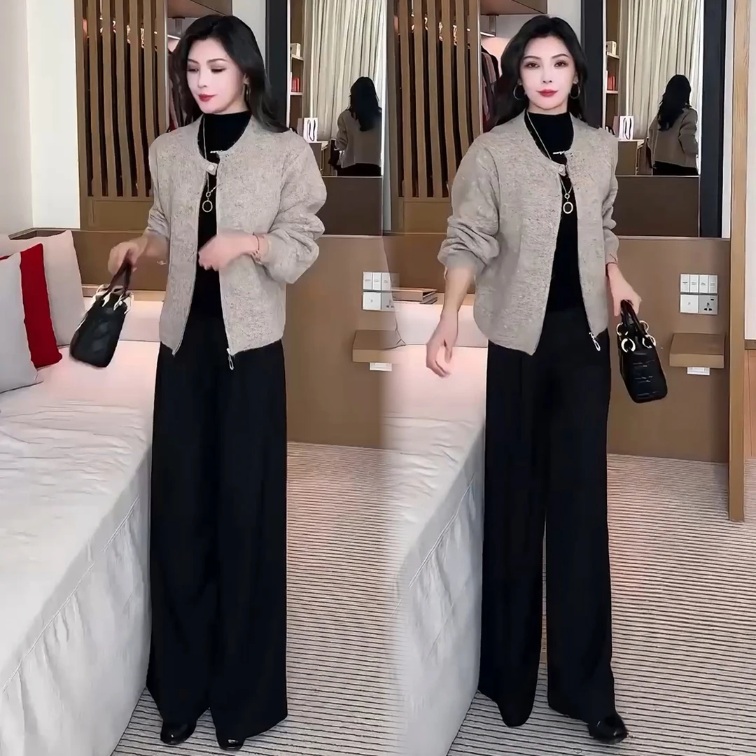 时尚套装女2025秋冬新款韩版长袖开衫针织外套阔腿裤气质两件套潮