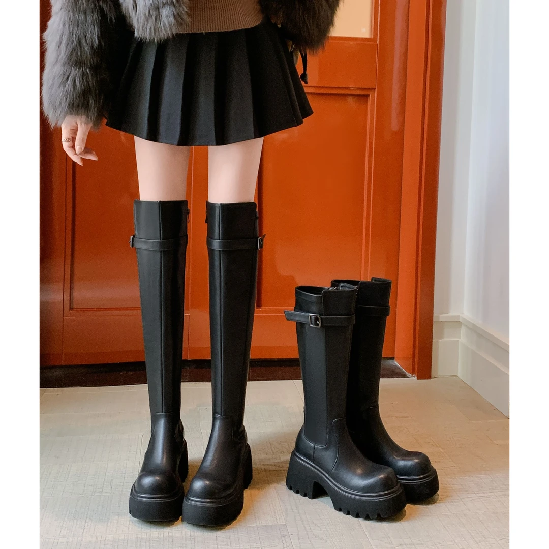 8.5cm大筒围厚底及膝长靴女真皮弹力骑士靴2025新款秋冬季高筒靴