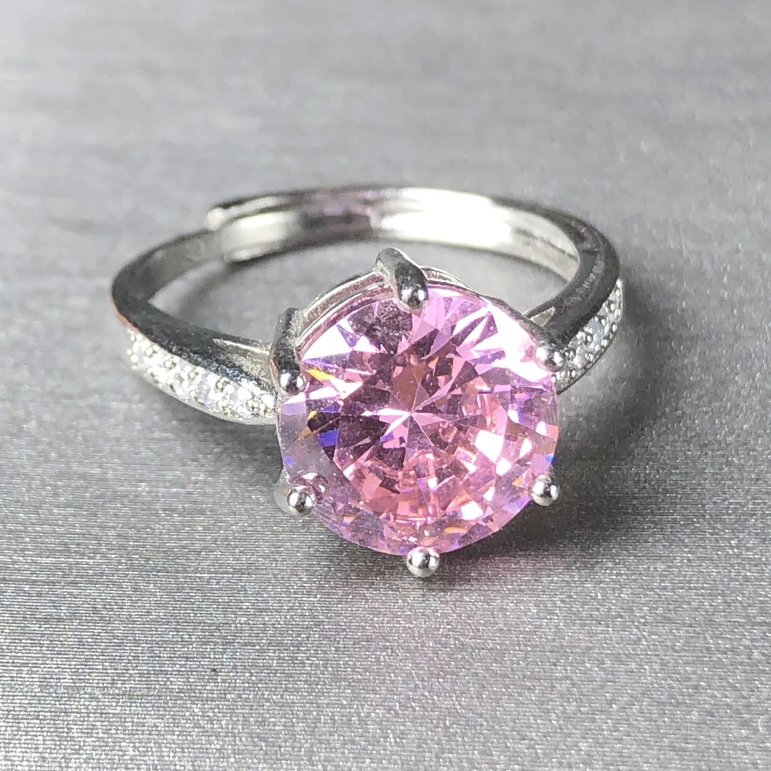 1126粉色戒指1克拉6爪培育开口可调节精选
