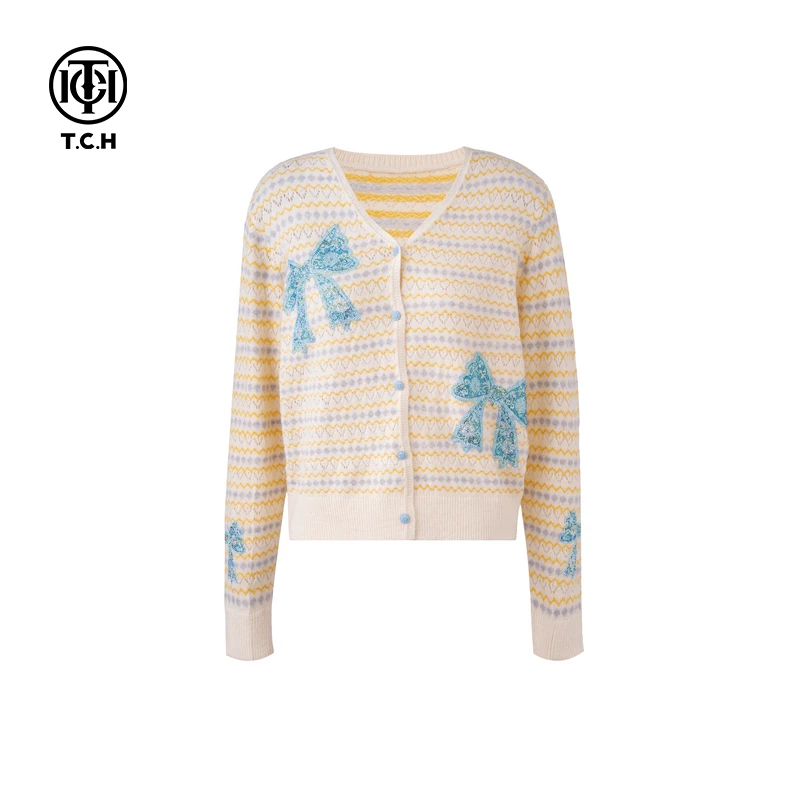 下架-TCH现货烫钻工艺蝴蝶结针织开衫女T75A43E5037上衣针织衫