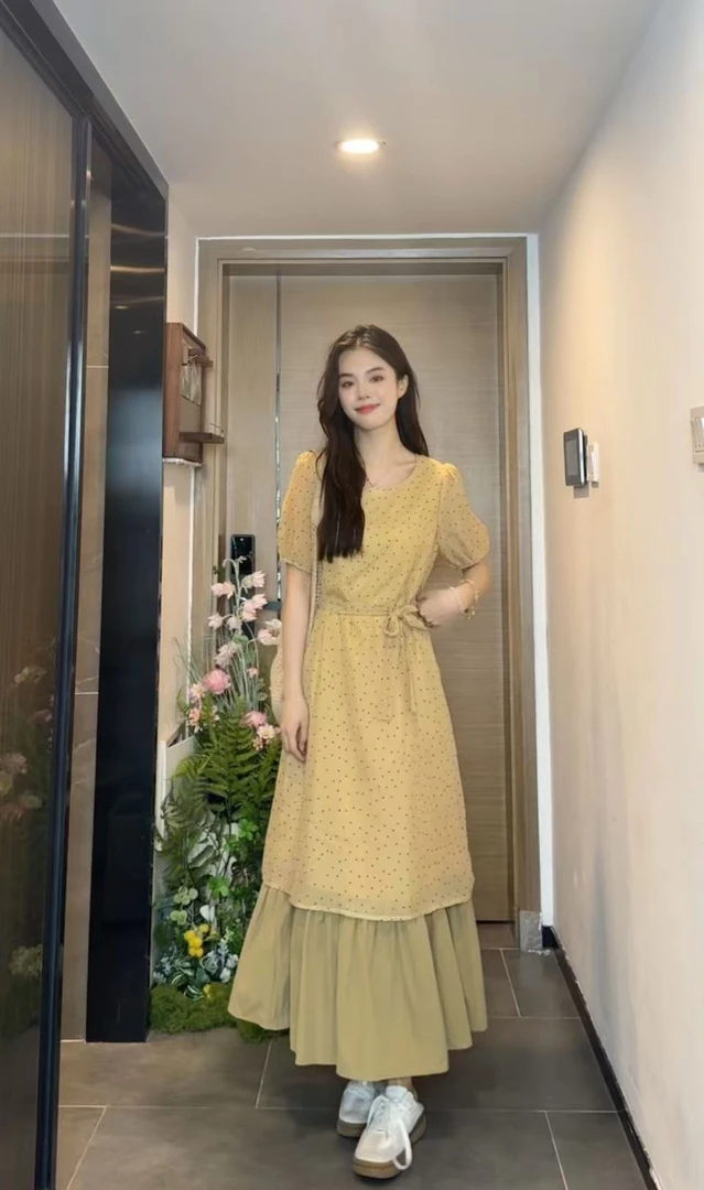 AN.XIN【 步步生莲】氛围感波点 温柔拼接假两件女装连衣裙1015