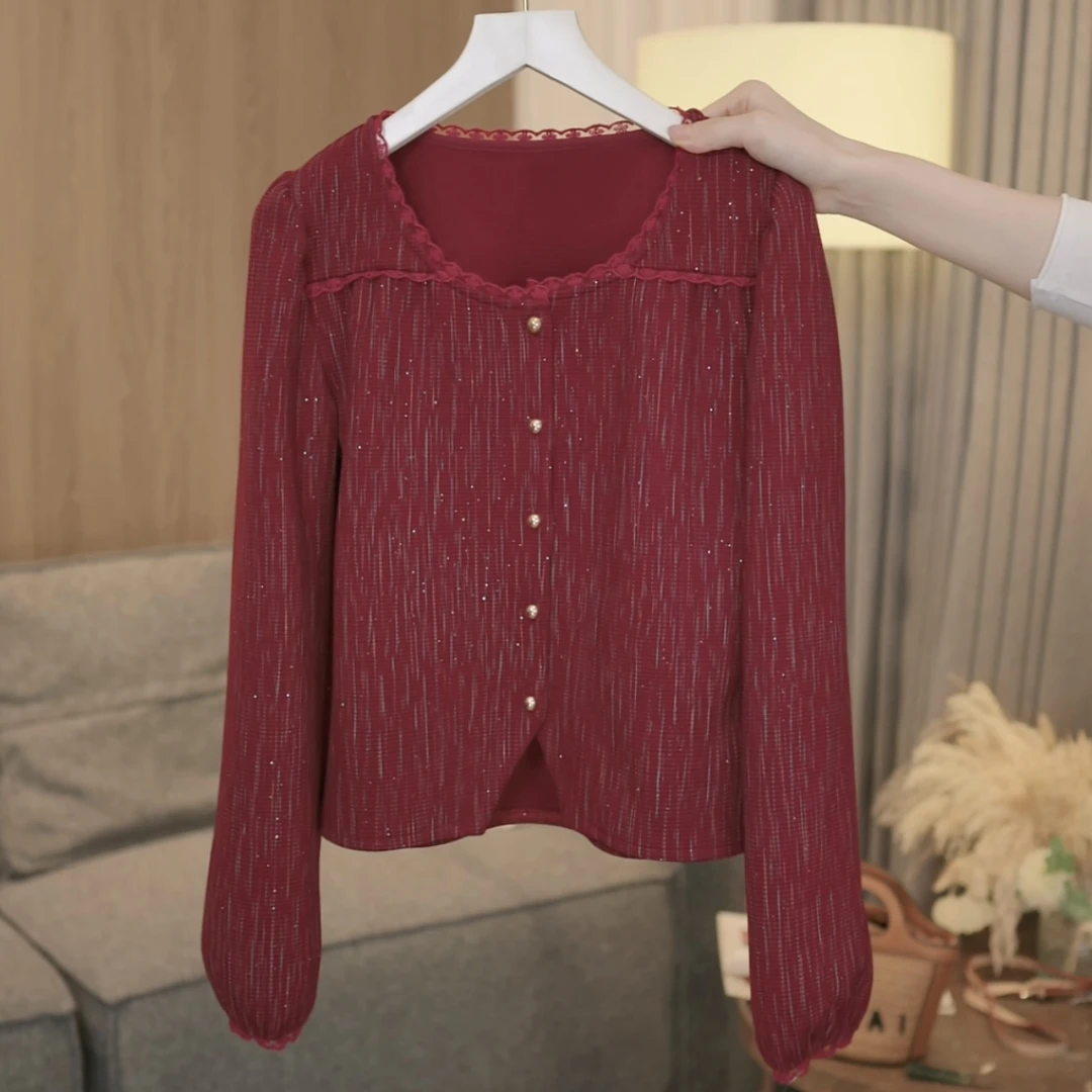 【大脸哈】2025秋冬新款高级设计感花边圆领打底衬衫女减龄显瘦衬衣