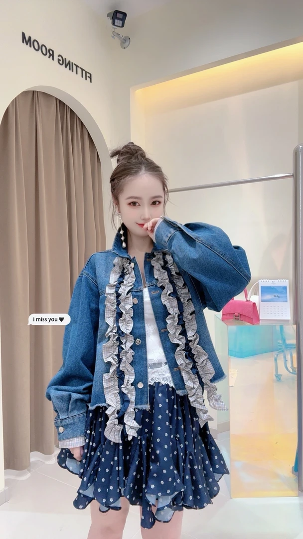 【雨后花园】大观欧货纯色菲边设计感牛仔外套气质重工蓝色设计师范