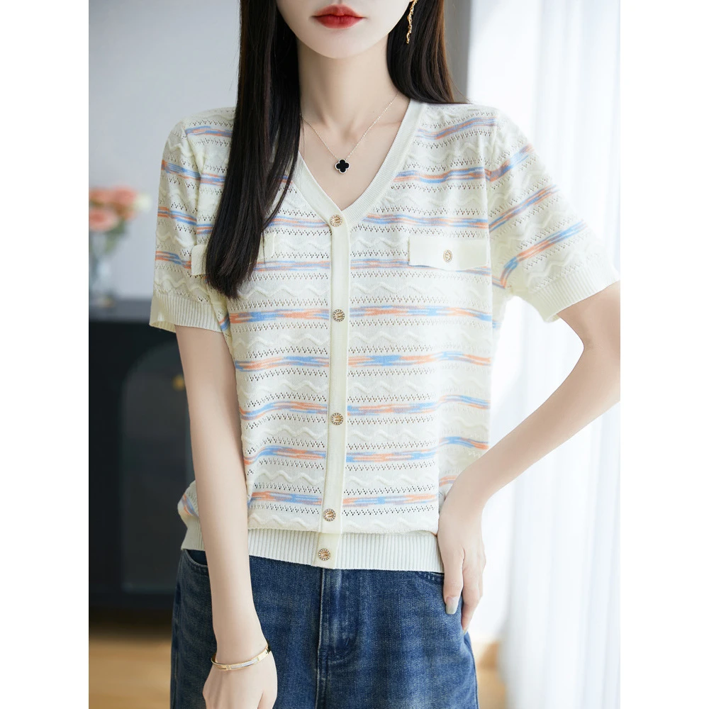 小香风条纹V领针织衫休闲撞色上衣冰丝镂空女装短袖T恤