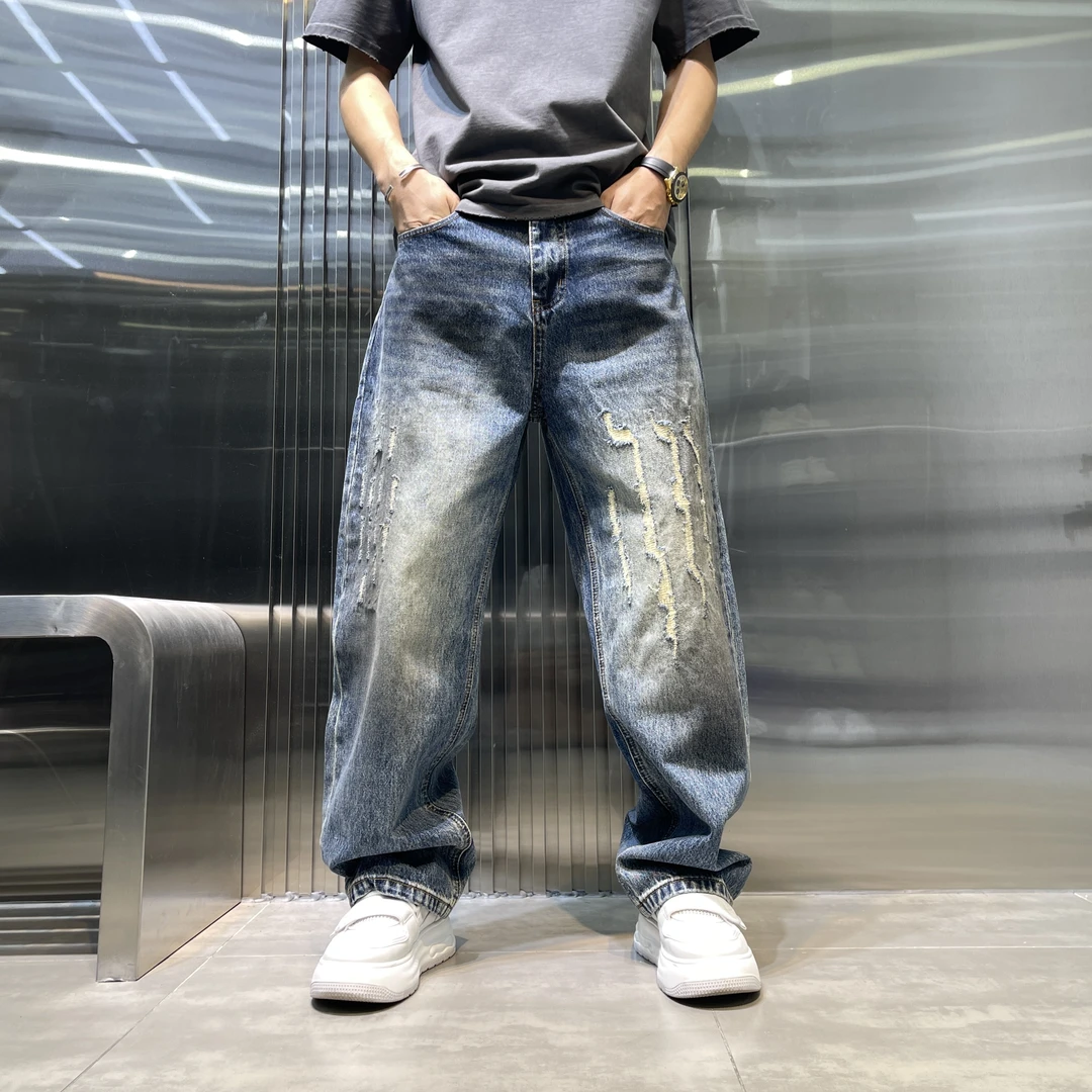 秋冬季新款男士复古水洗磨破直筒牛仔裤美式休闲高街宽松潮流男裤