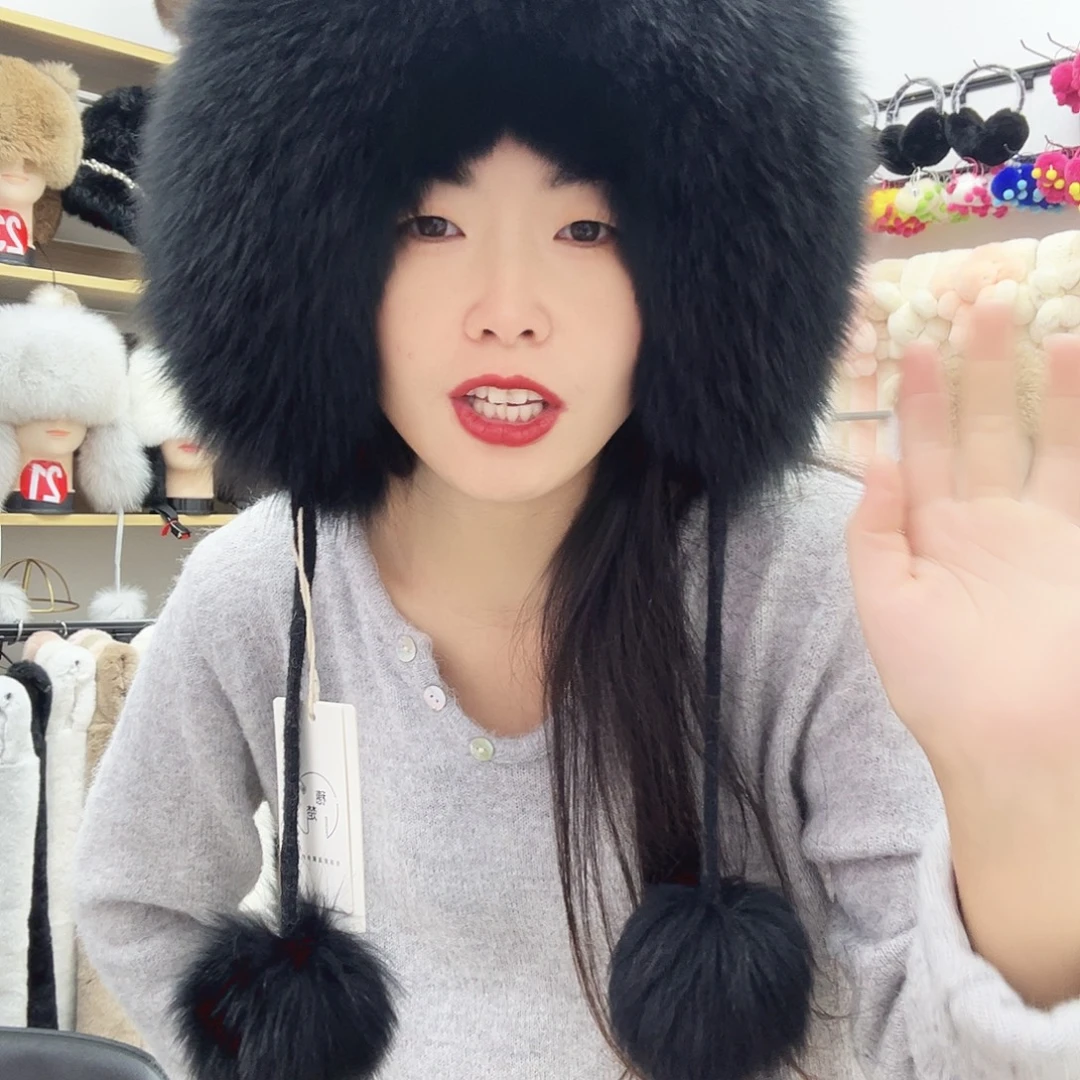 狐狸毛黑色狐狸毛针织帽不退换慎拍