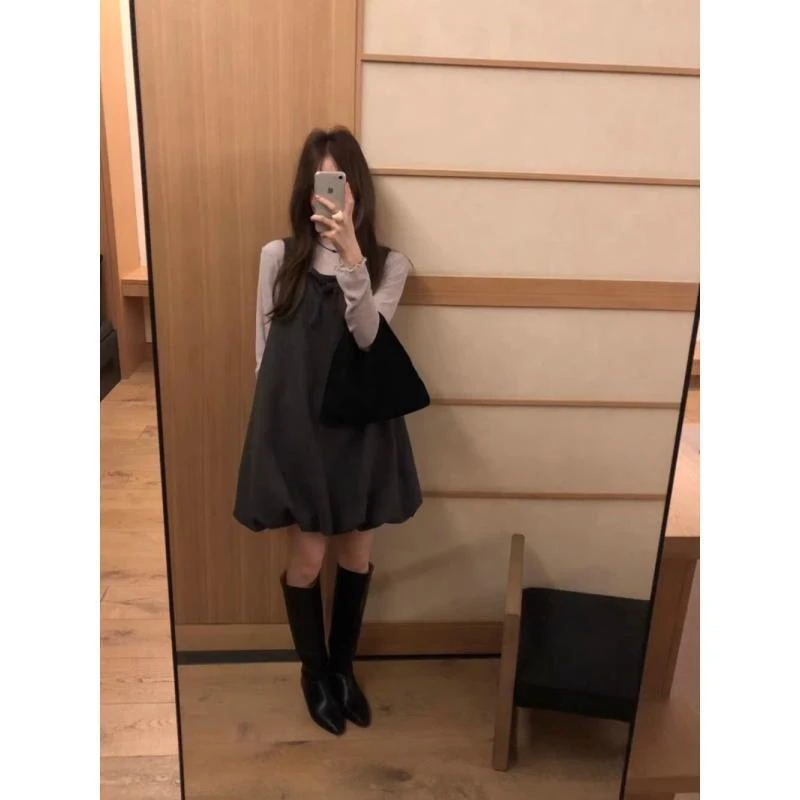 公主风套装无袖花苞背心连衣裙女装秋季新款长袖打底衫上衣两件套