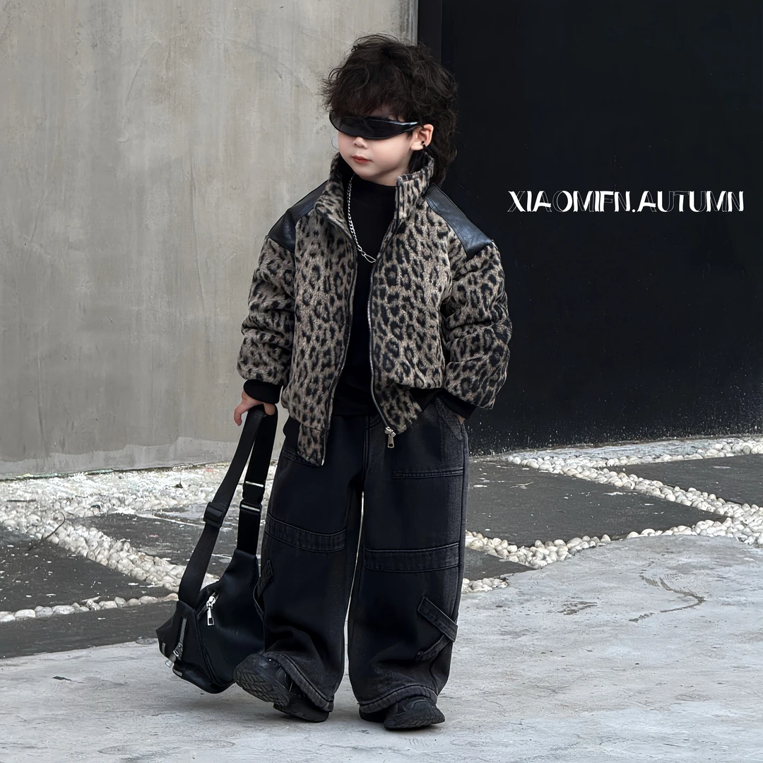 【现货】2025秋冬夹棉新款豹点外套韩版男童洋气潮酷宽松宝宝D6610
