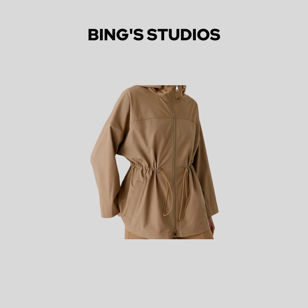 Bing Studios｜"露珠"100羊毛精纺色织连帽轻便风衣外套6025