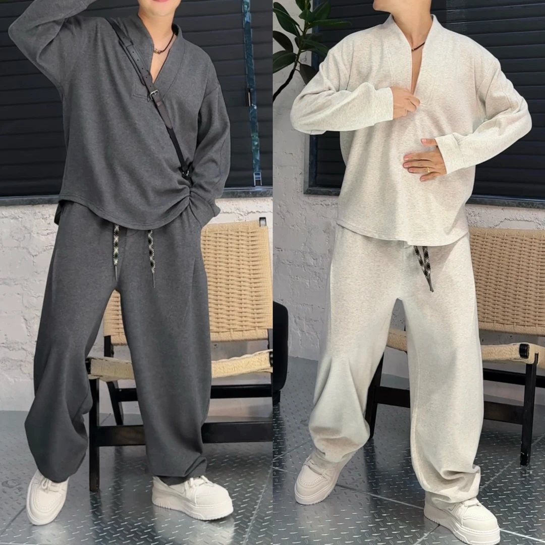 秋季新款云朵绒卫衣休闲套装男士立领半拉链卫衣直筒长裤两件套