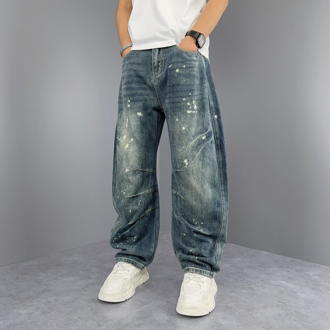美式高街痞帅牛仔裤男2025秋季做旧空调裤潮牌褶皱泼墨直筒休闲裤