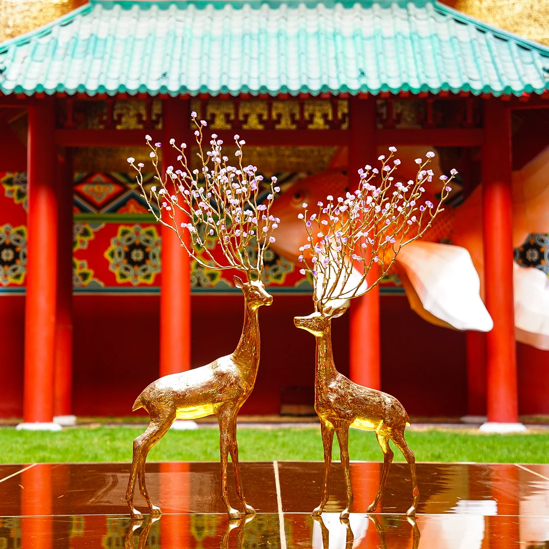 【本尼家】大型落地金色紫水晶铜鹿高档大气客厅玄关装饰摆件