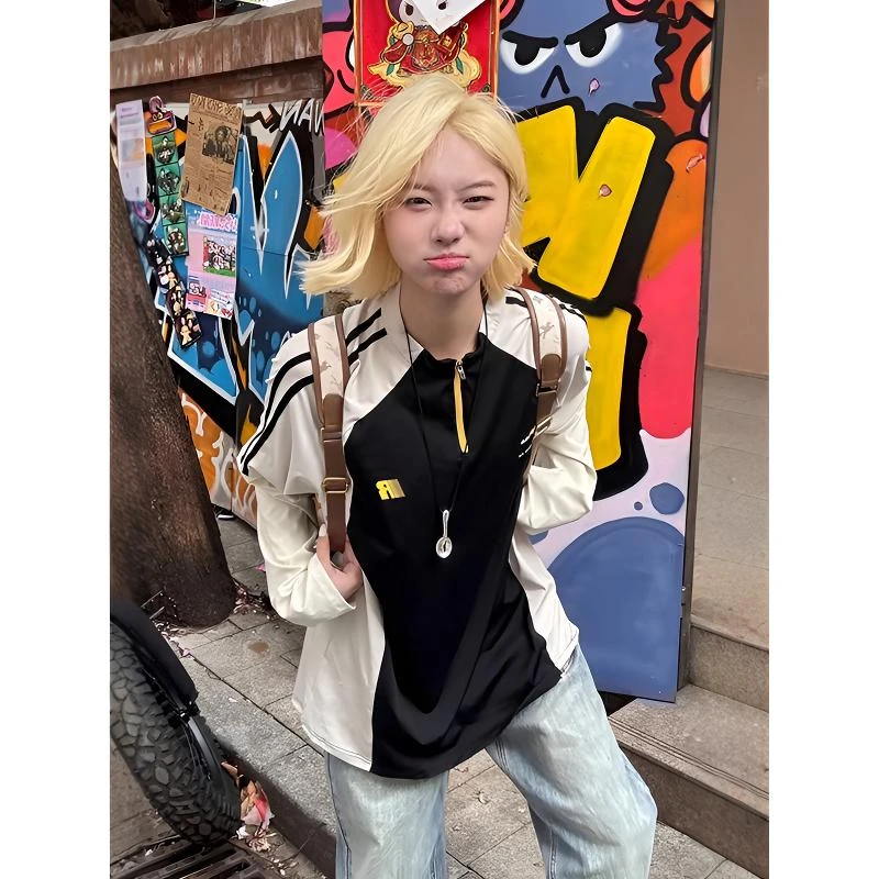 美式半拉链长袖t恤女男款春秋撞色骑行运动速干衣跑步健身打底衫