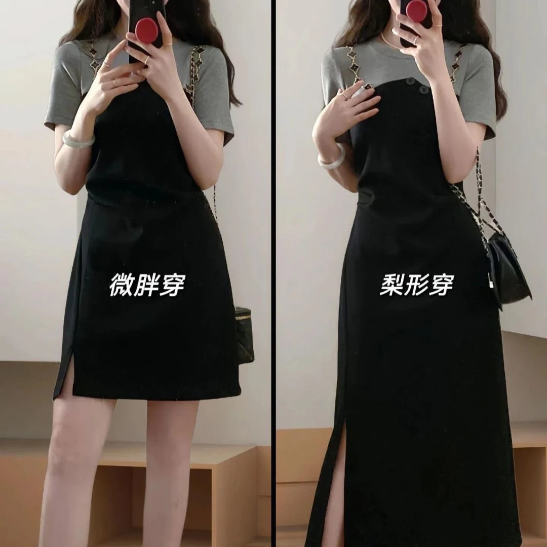 【店铺热销】假两件收腰连衣裙女夏季新款微胖mm大码拼接设计感收腰