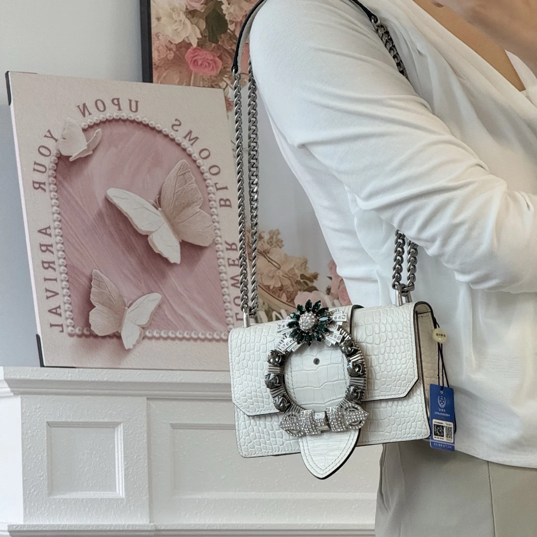 95新 MIU MIU/缪缪 miumiu缪缪奶昔白鳄压太阳花链条包