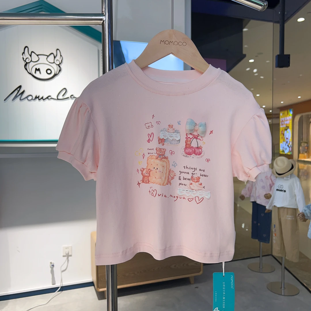 MOMOCO女童夏季欧若风粉色休闲小熊饼干t恤77630235085儿童百搭