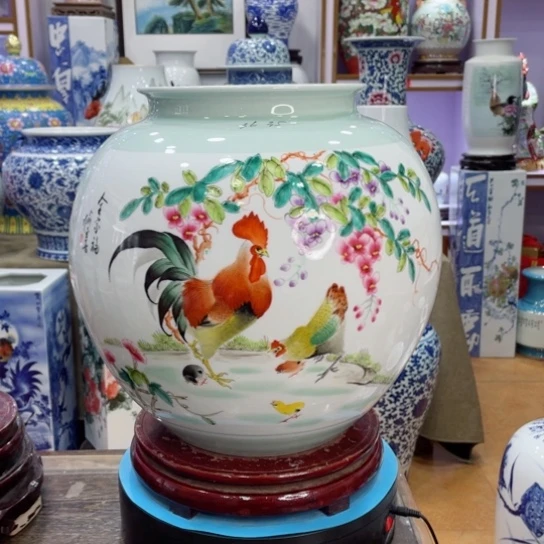 全手工彩花莲仔缸全手工双面画招财缸