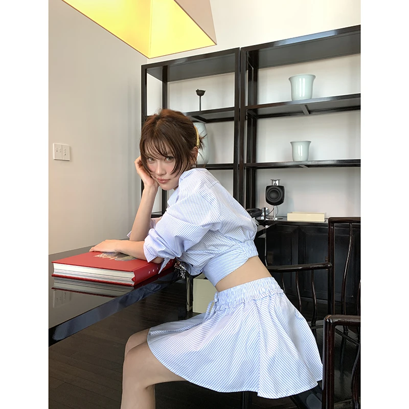 【海岛日记】短款收腰长袖衬衫女+a字百褶短裙套装4128