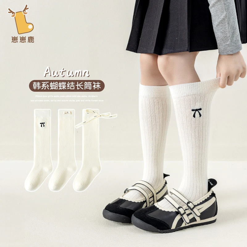 韩系蝴蝶结儿童长筒小腿袜春秋绵柔女童芭蕾风秋季高筒公主袜无骨
