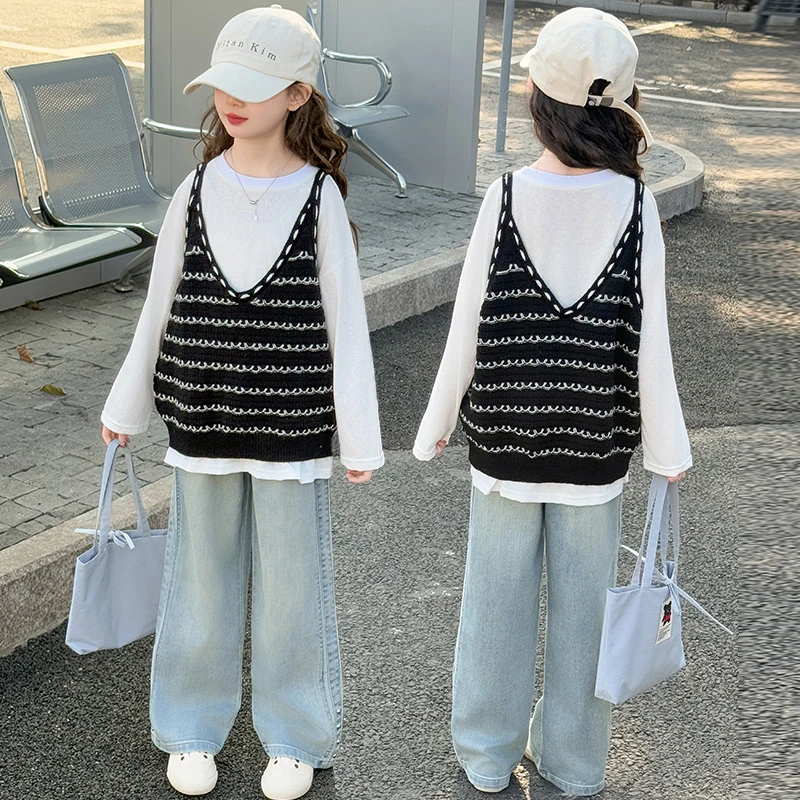 女童洋气春秋马甲套装2025新款中大儿童6-12岁15岁春装休闲牛仔裤