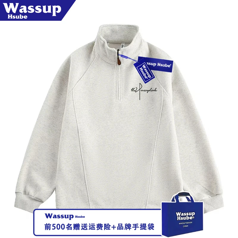 WASSUP HSUBE秋冬季半拉链字母印花卫衣白灰色男女款加绒加厚上衣