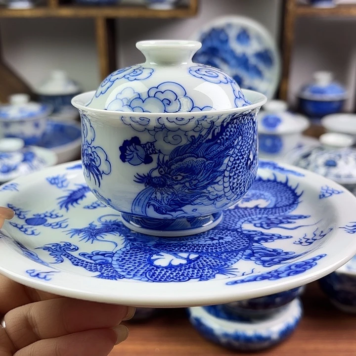 柴窑手绘青花海水龙纹盖碗白瓷茶具壶承泡茶茶器两件套