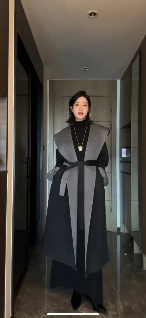【杨】秋冬气质新款韩版宽松百搭连帽双色轻奢羊毛大衣女