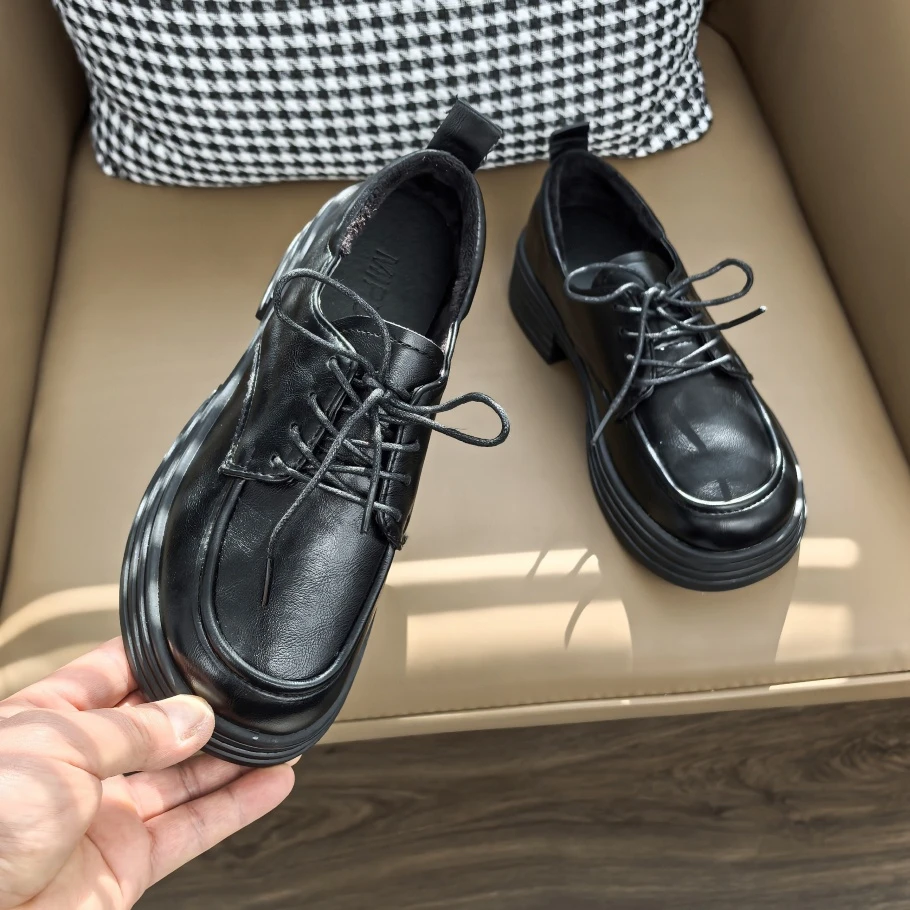 加绒黑色小皮鞋女鞋2024秋冬季新款英伦风系带单鞋保暖厚底乐福鞋
