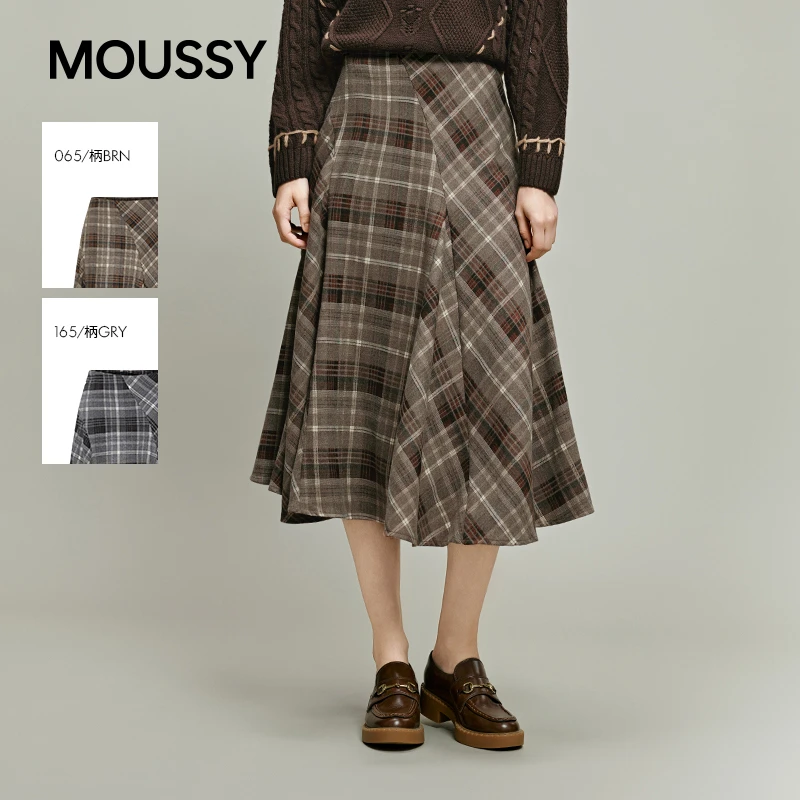 MOUSSY2025冬季新品复古文艺风不对称格纹A字半身裙028IAA31-1681