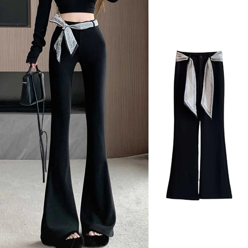 丝巾腰带西装喇叭裤2025秋季气质修身弹力高腰显瘦阔腿微喇马蹄裤