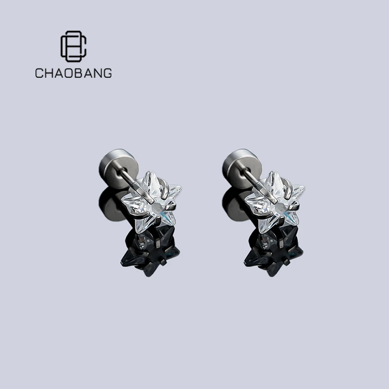 chaobang/潮邦 钛钢耳饰 爪镶星星耳钉百搭小众设计螺丝平底耳饰