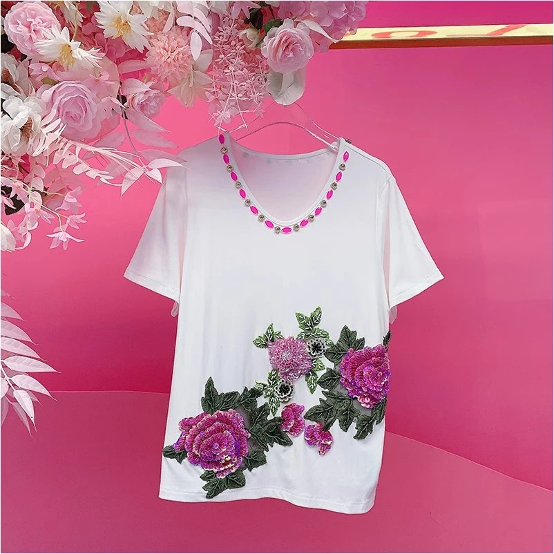 A2252欧美设计师2025夏季新款重工钉钻刺绣亮片立体花朵休闲T恤女