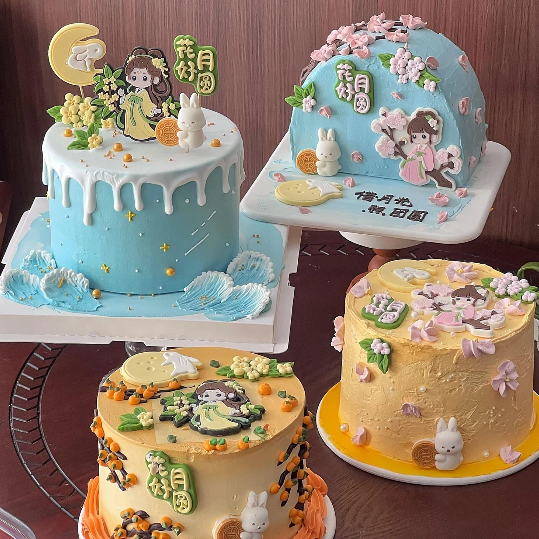 新款中秋节甜品装饰花好月圆月亮嫦娥玉兔祥云蛋糕装饰巧克力插件