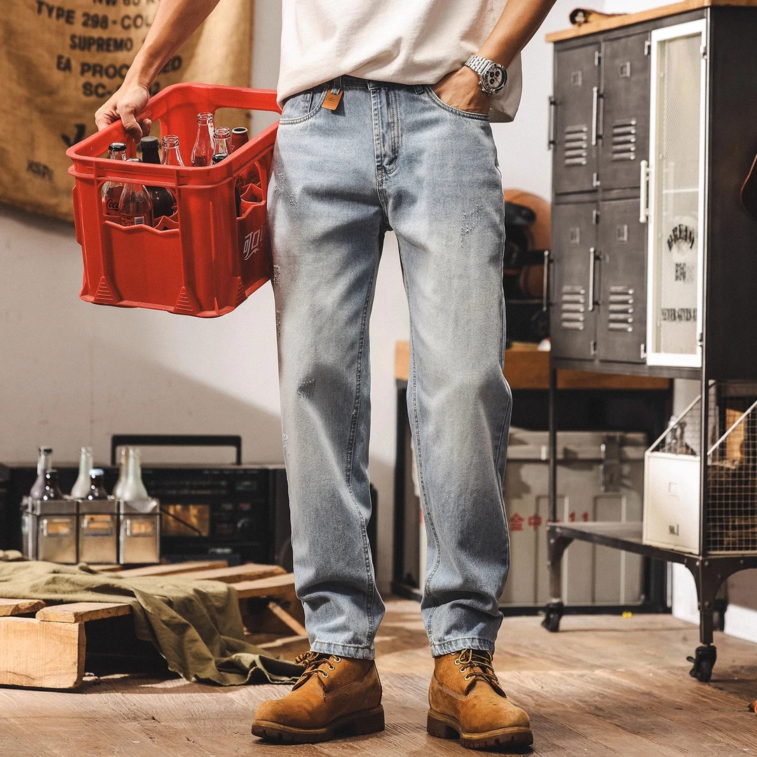 美式复古浅蓝色经典水洗牛仔裤男款秋冬潮牌直筒长裤子宽松休闲裤