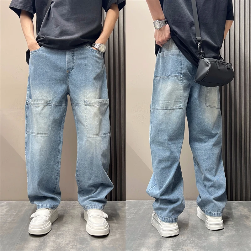 2025秋季新款大口袋潮流百搭牛仔裤男水洗复古痞帅宽松直筒阔腿裤