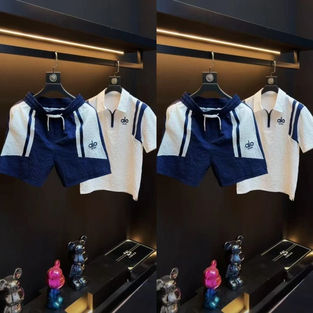 夏季新款欧货撞色休闲套装男潮流百搭拼接刺绣T恤直筒短裤两件套