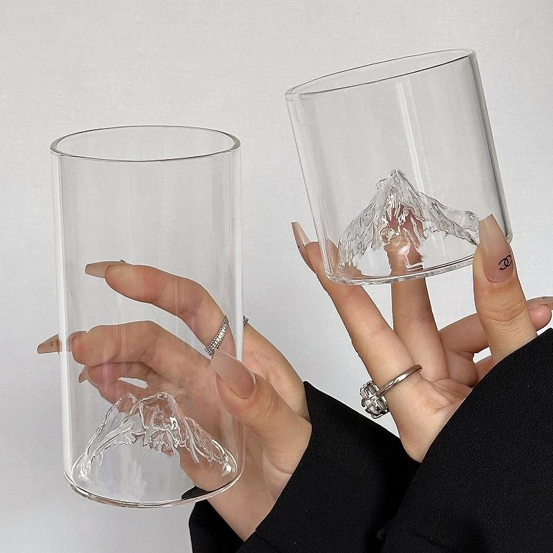 简约轻奢风创意带把冰山观山杯远山雪山杯耐热玻璃杯茶杯日式家用