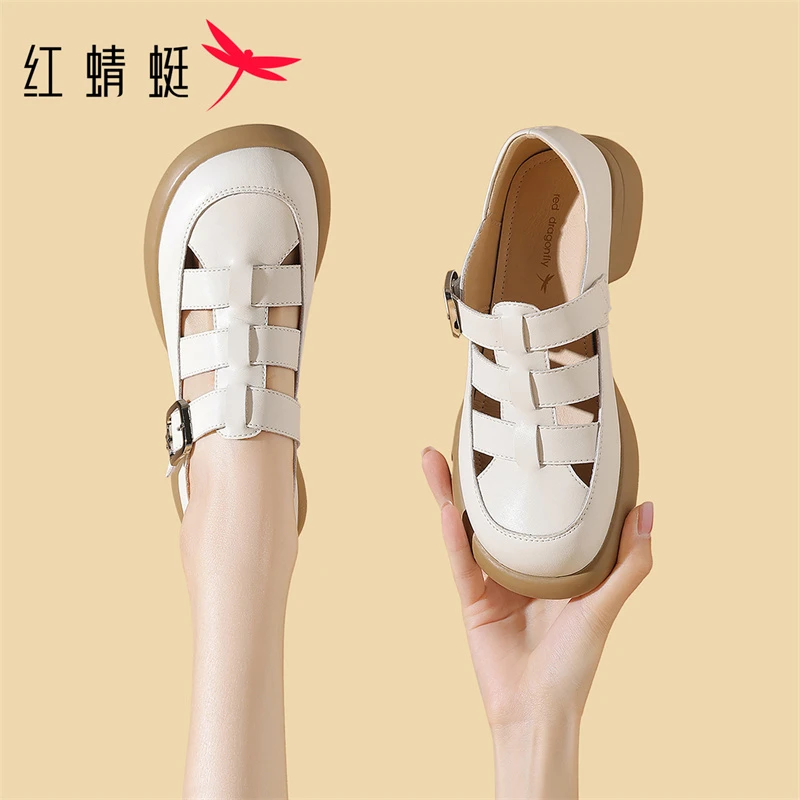 红蜻蜓复古真皮单鞋2025新款时尚轻奢鞋子舒适休闲百搭包头沙滩鞋