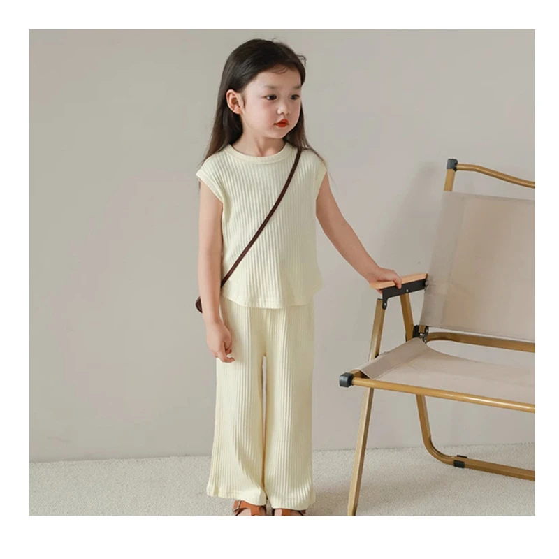 夏装女童冰丝透气无袖套装女宝宝洋气背心长裤儿童宽松透气上衣潮