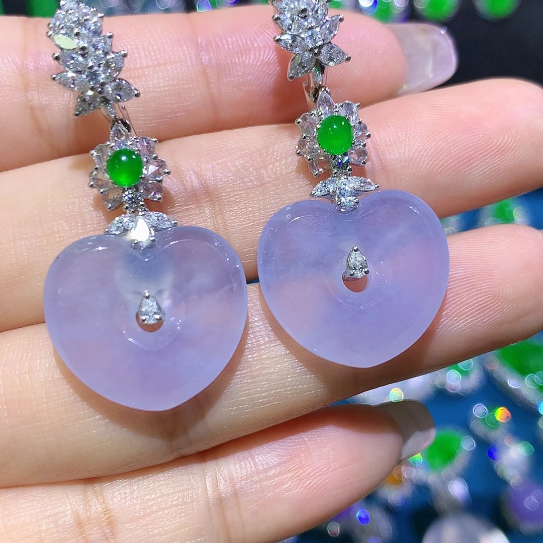 翡翠18K金镶嵌耳饰高冰波紫罗兰