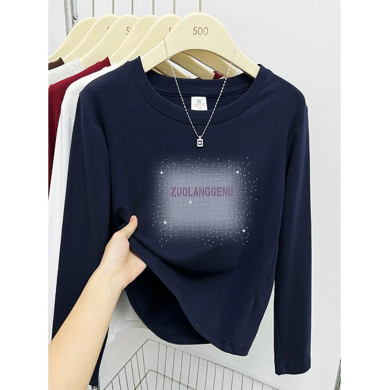 正肩长袖t恤女秋冬新款韩版时尚印花内搭打底衫设计感圆领上衣潮