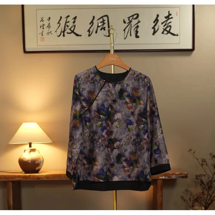 【水墨兰亭-蓝花】珍藏老料新中式中国风香云纱冠乐绉提花碎花上衣